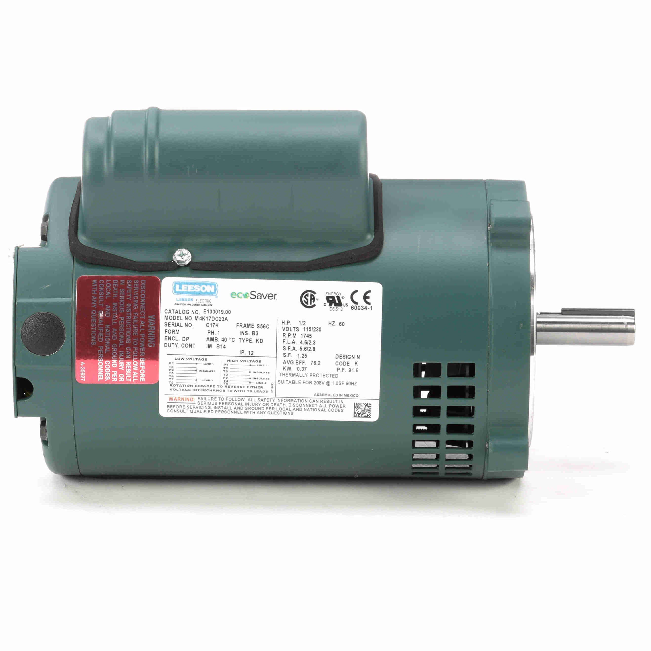 E100019.00 Leeson 1/2HP General Purpose ecoSaver Electric Motor, 1725RPM - 0