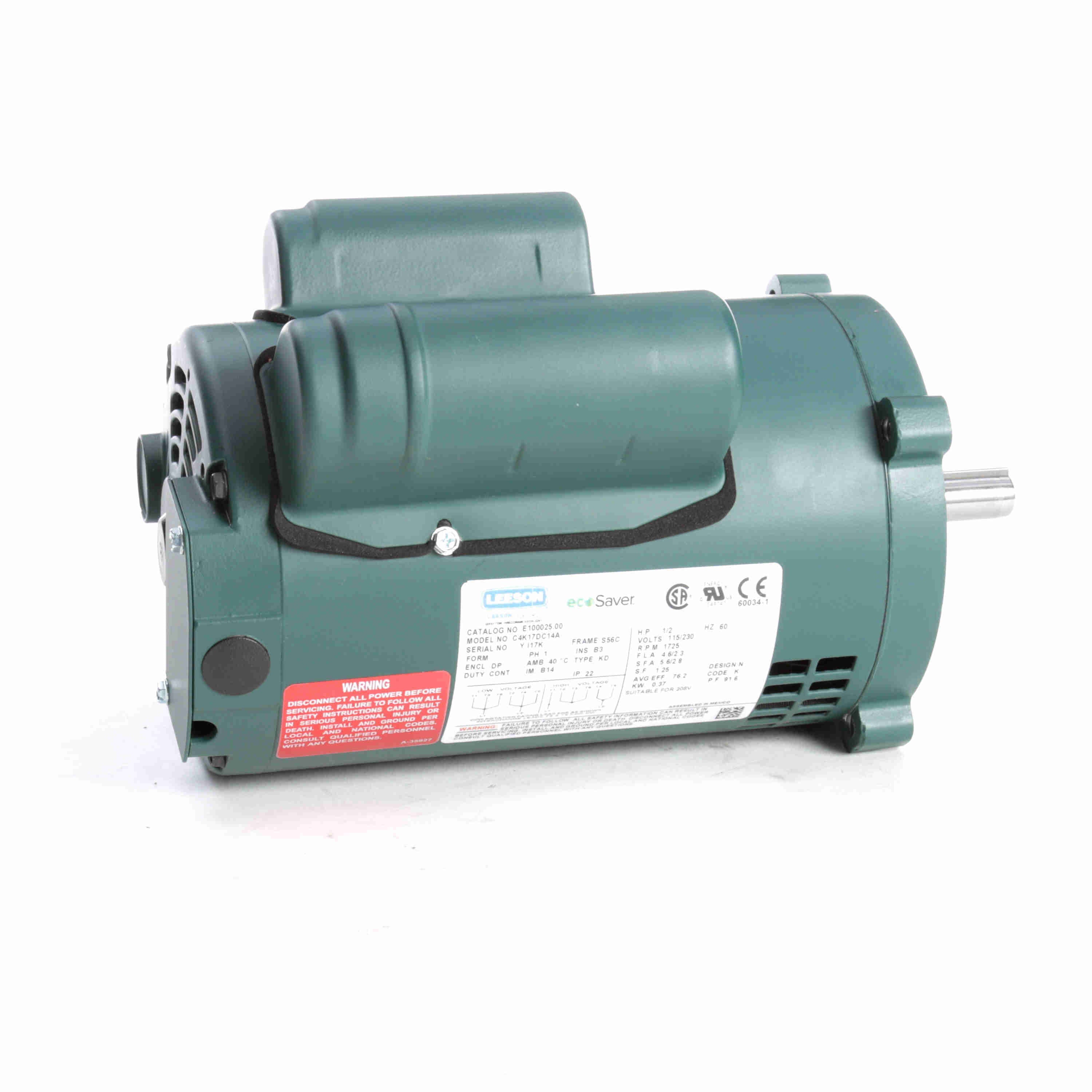 E100025.00 Leeson 1/2HP General Purpose ecoSaver Electric Motor, 1800RPM