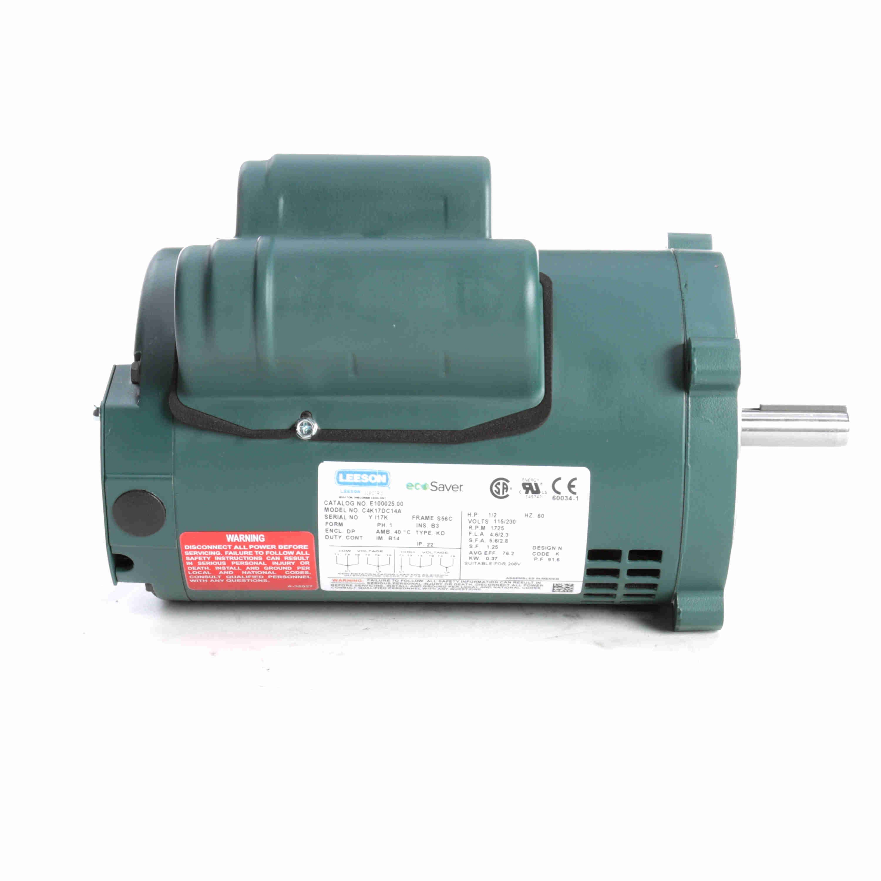 E100025.00 Leeson 1/2HP General Purpose ecoSaver Electric Motor, 1800RPM