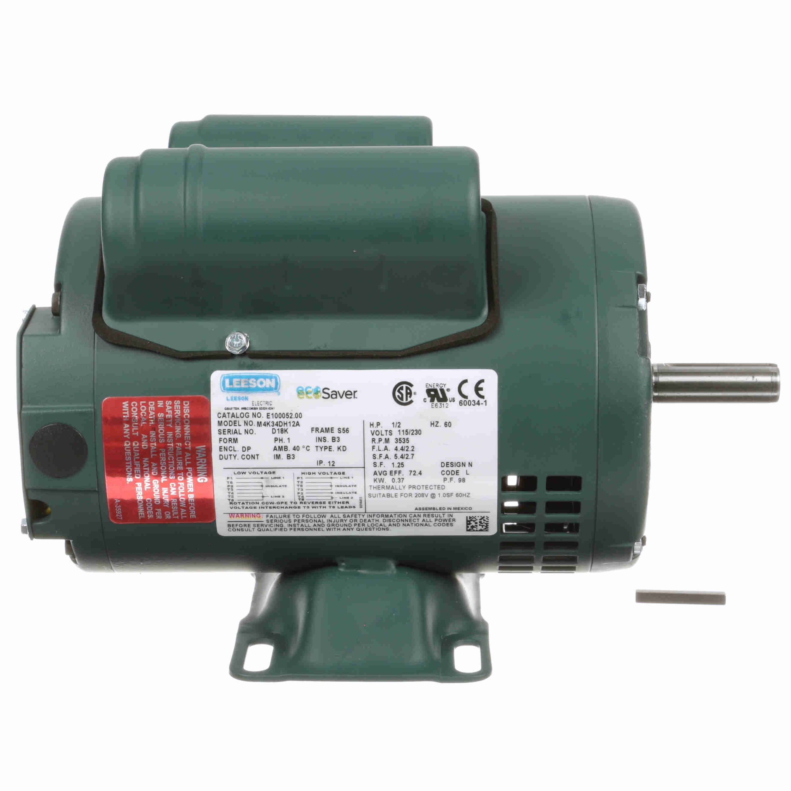 E100052.00 Leeson 1/2HP General Purpose ecoSaver Electric Motor, 3600RPM