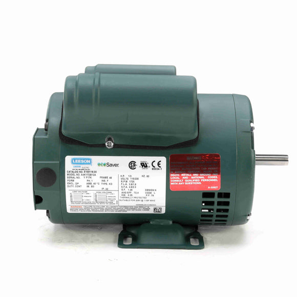 E100116.00 Leeson 1/3HP General Purpose ecoSaver Electric Motor, 1800RPM
