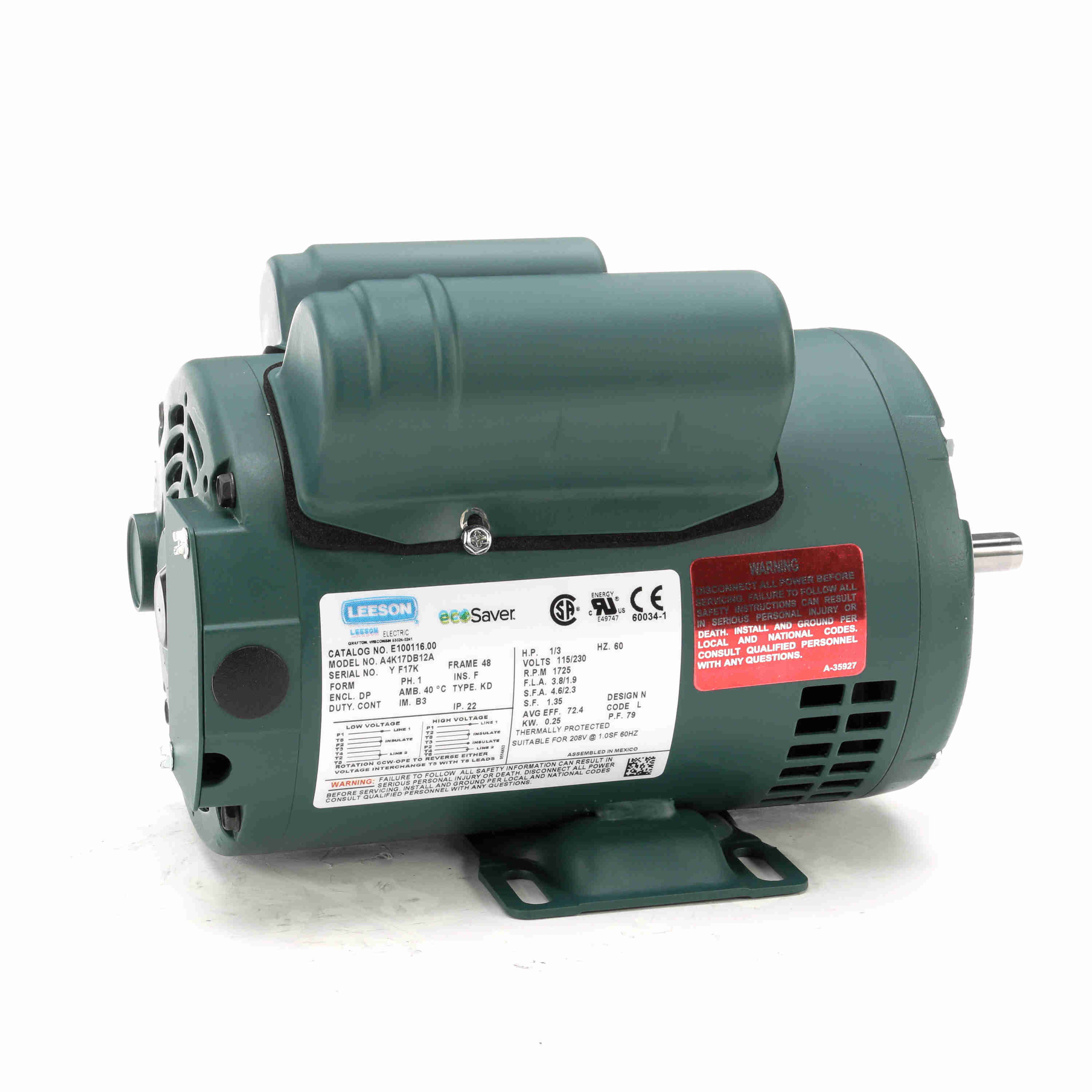 E100116.00 Leeson 1/3HP General Purpose ecoSaver Electric Motor, 1800RPM - 0