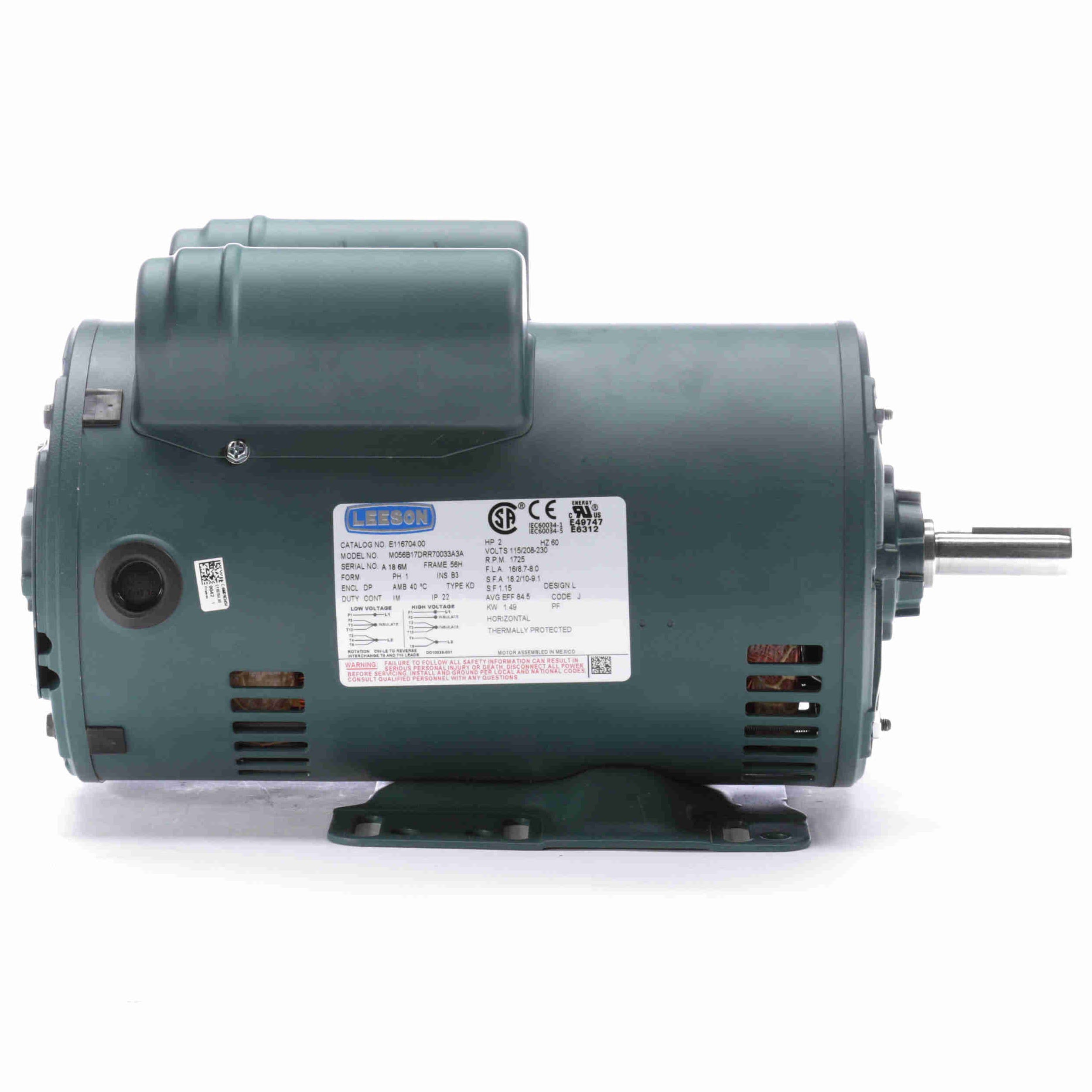 E116704.00 Leeson 2HP General Purpose ecoSaver Electric Motor, 1800RPM
