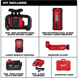M18 Red Exterior Dual Slope Rotary Laser Level Kit w/ Receiver & Remote