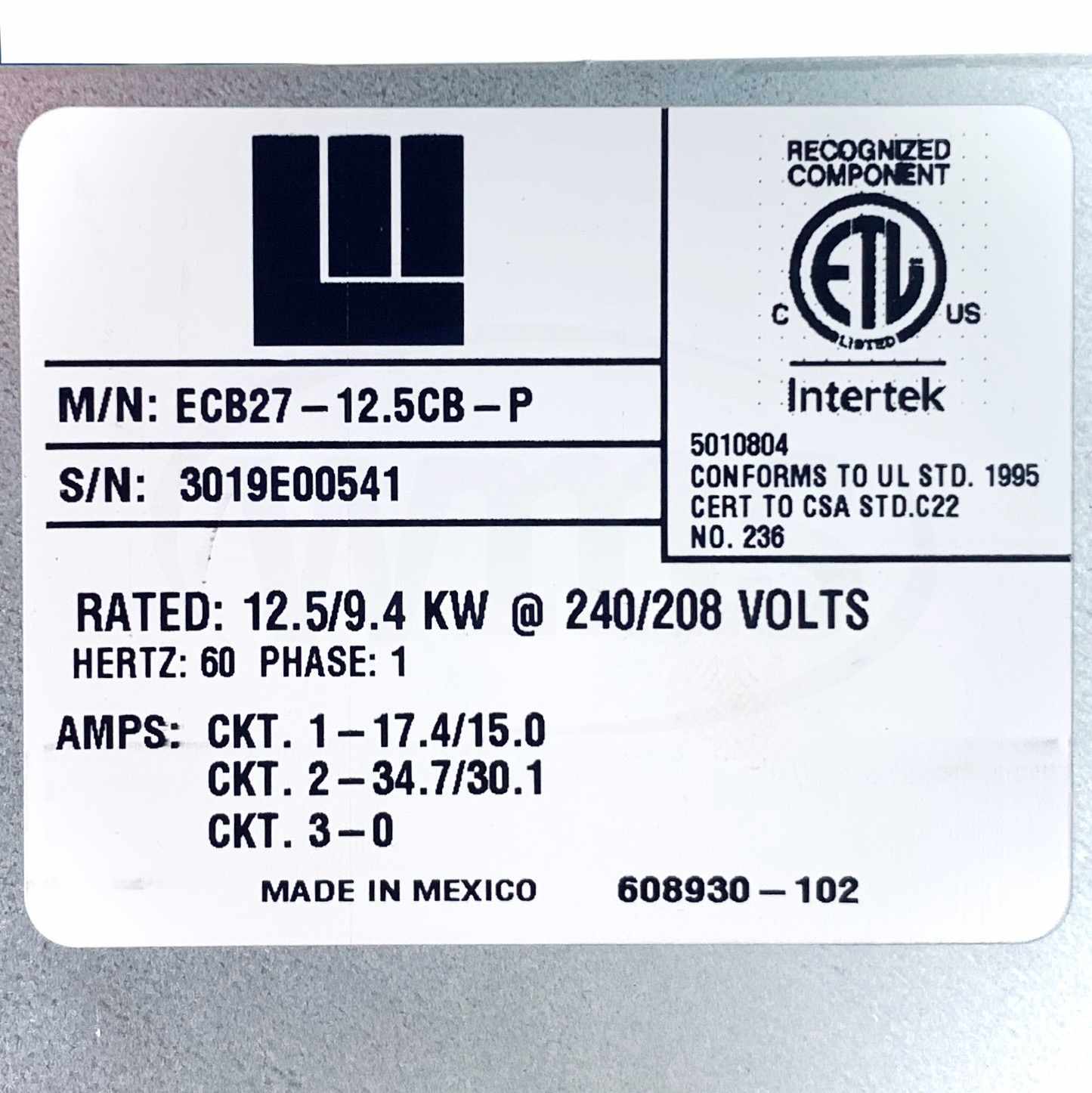 ECB27-12.5CB-P Lennox Electric Heat Kit with Circuit Breaker, 208-240 V, 12.5Kw - 0