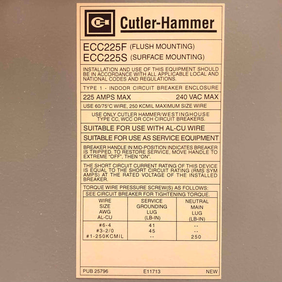 ECC225F Cutler-Hammer Indoor Circuit Breaker Enclosure 225 Amp Max, 240 Vac Max