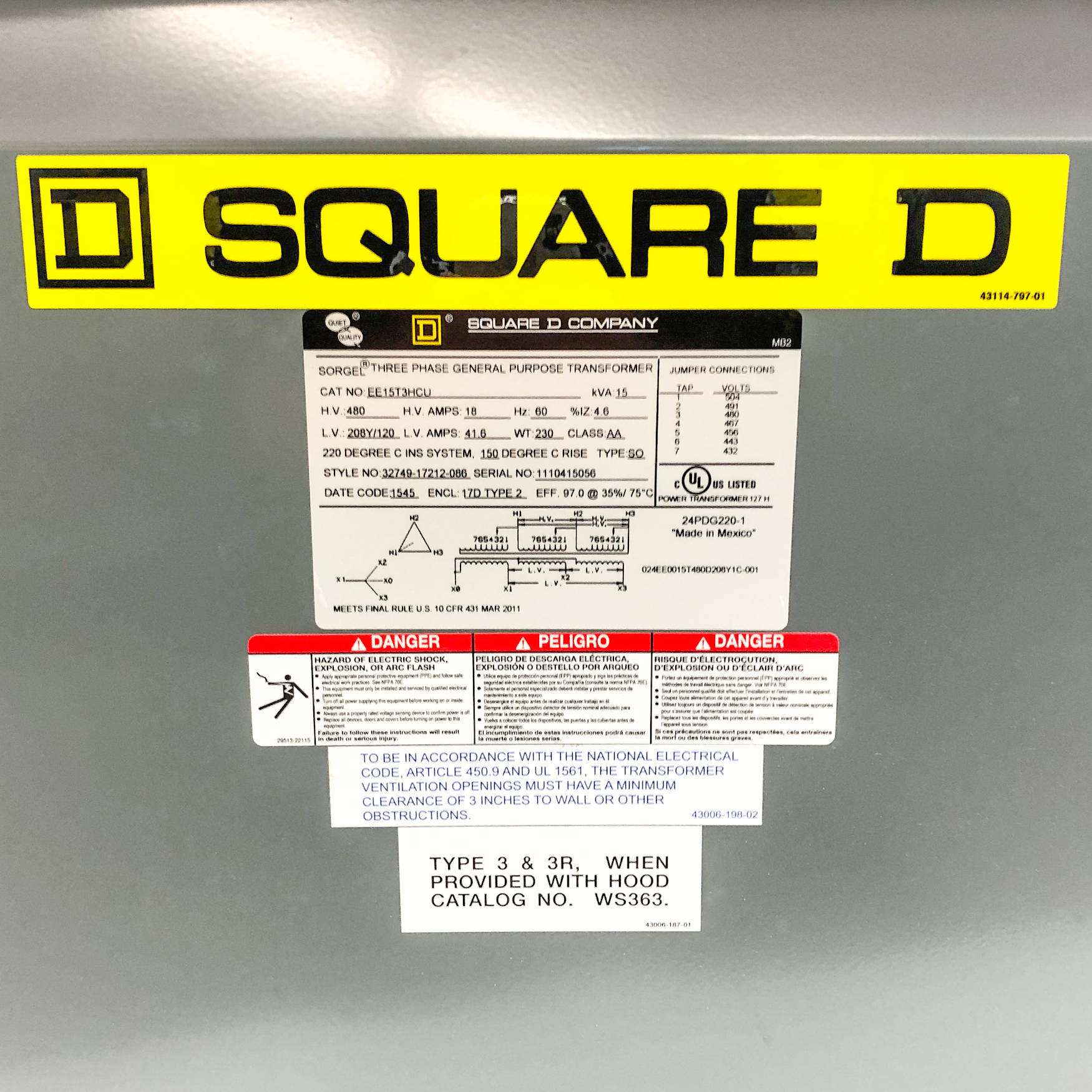 EE15T3HCU Square D Dry Type Transformer, 15kVA - 0