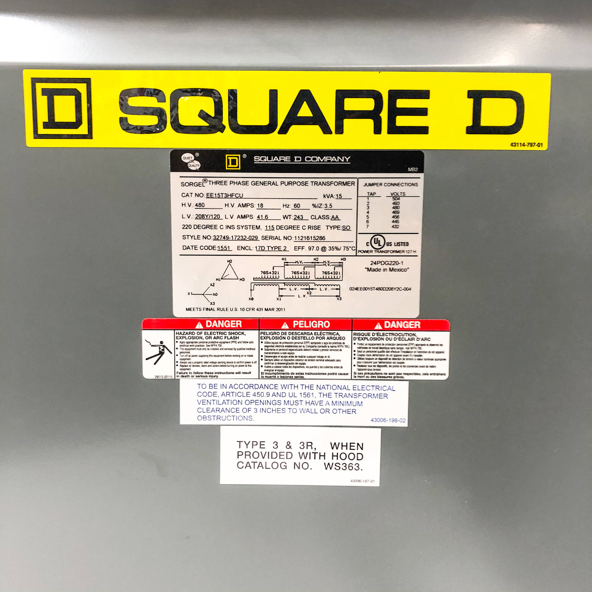 EE15T3HFCU Square D Dry Type Transformer, 15kVA - 0