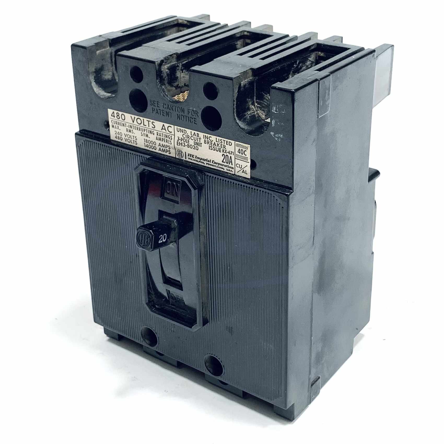 EH3-B020 ITE Molded Case Circuit Breaker, 3 Pole, 20A