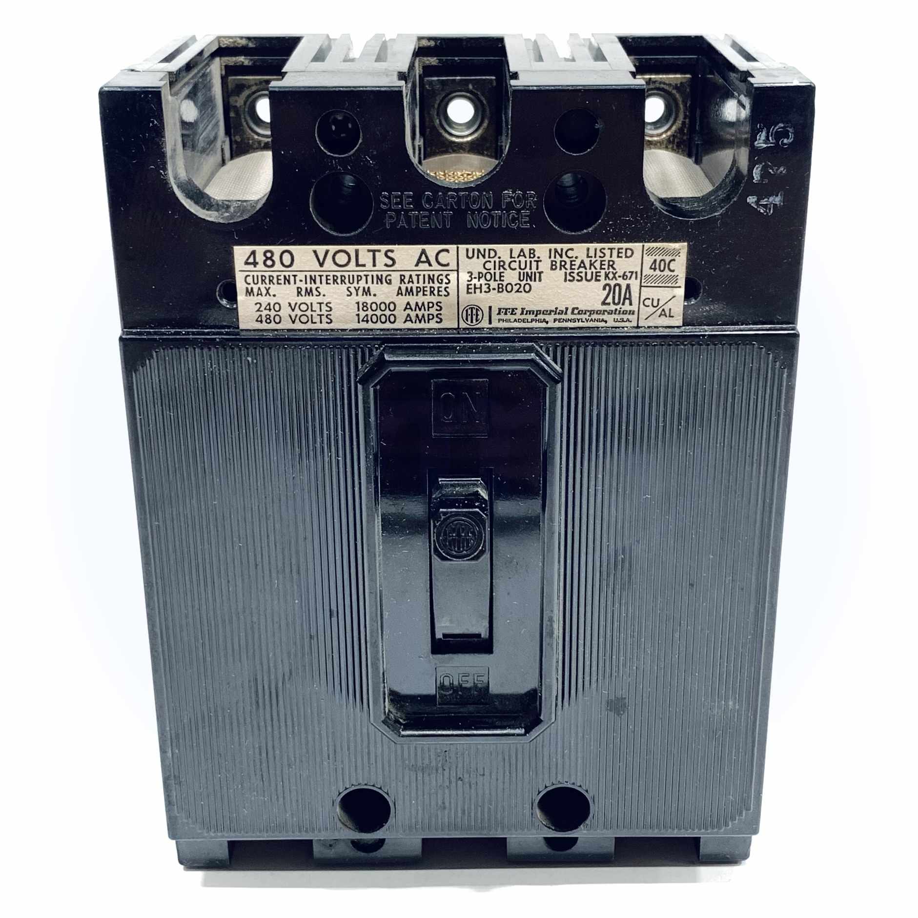 EH3-B020 ITE Molded Case Circuit Breaker, 3 Pole, 20A - 0