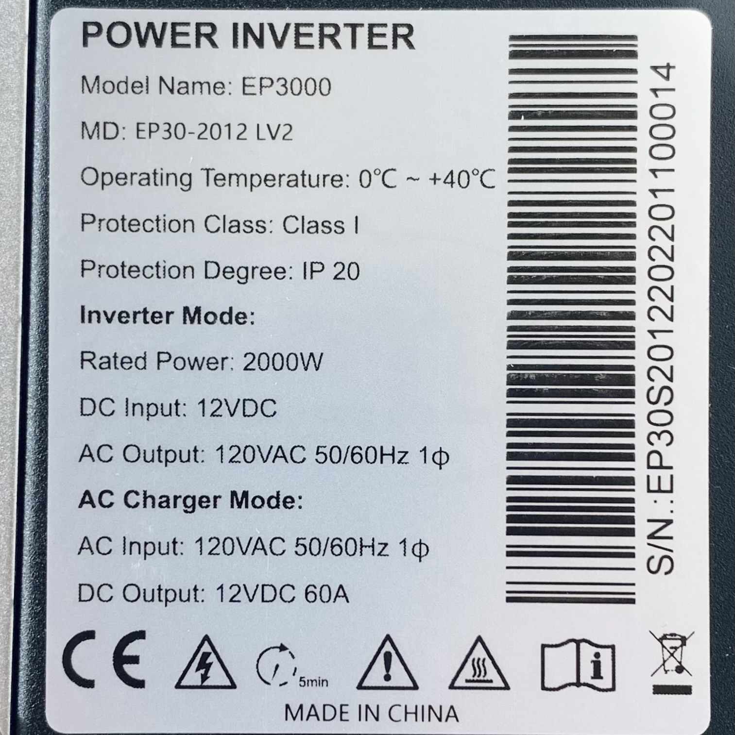 EP3000 Rhino Voltz Green Power Energy Inverter 120VAC, 50/60Hz, 12VDC, 60Hz, 1Ph