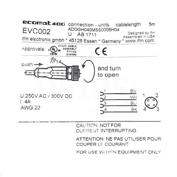 EVC002 IFM Electronic Female Cordset 5m Cable Length