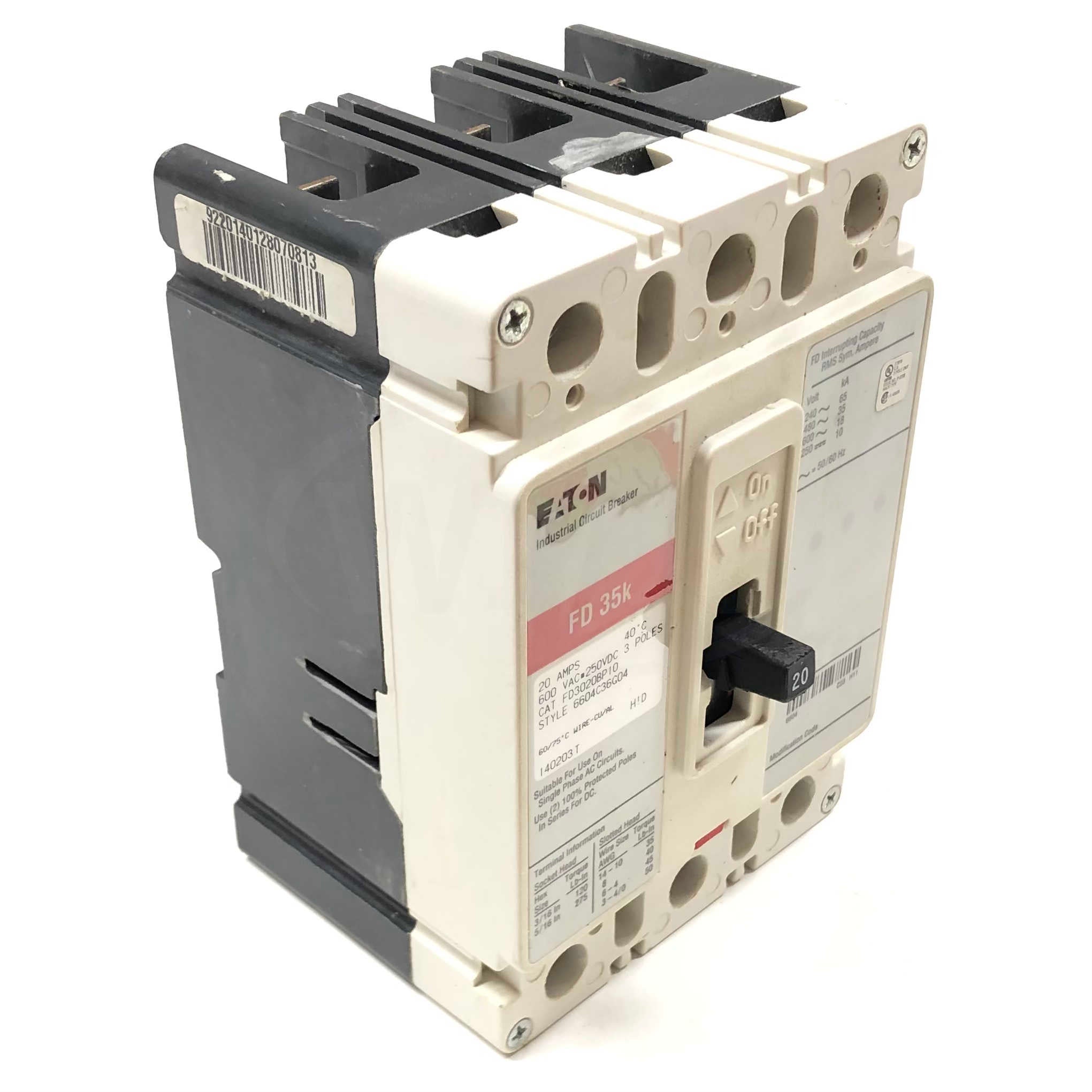 FD3020BP10 Eaton Industrial Circuit Breaker 20 AMP, 40C, 600VAC, 250VDC, 3Poles