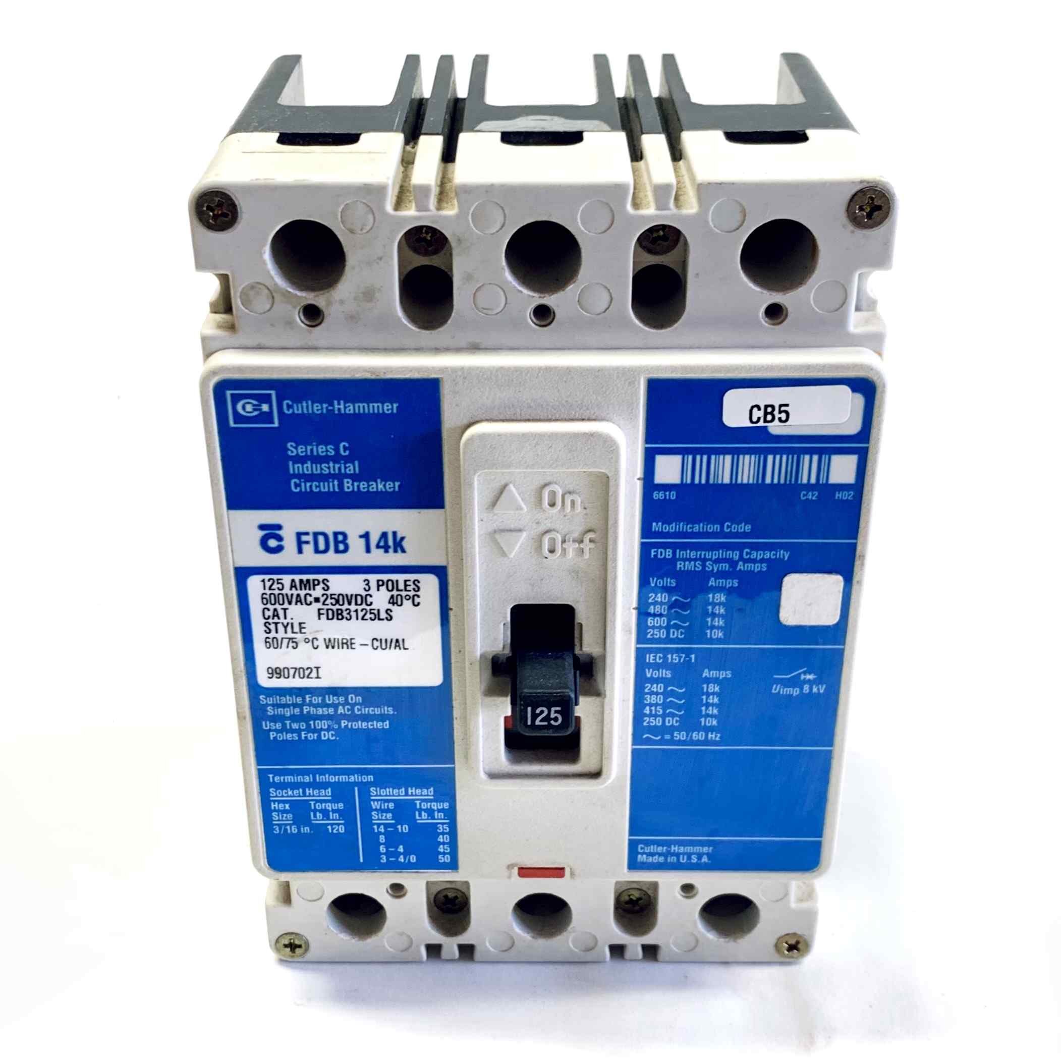 FDB3125LS Cutler-Hammer Industrial Circuit Breaker, 125A, 3-Pole, 600VAC~250VDC