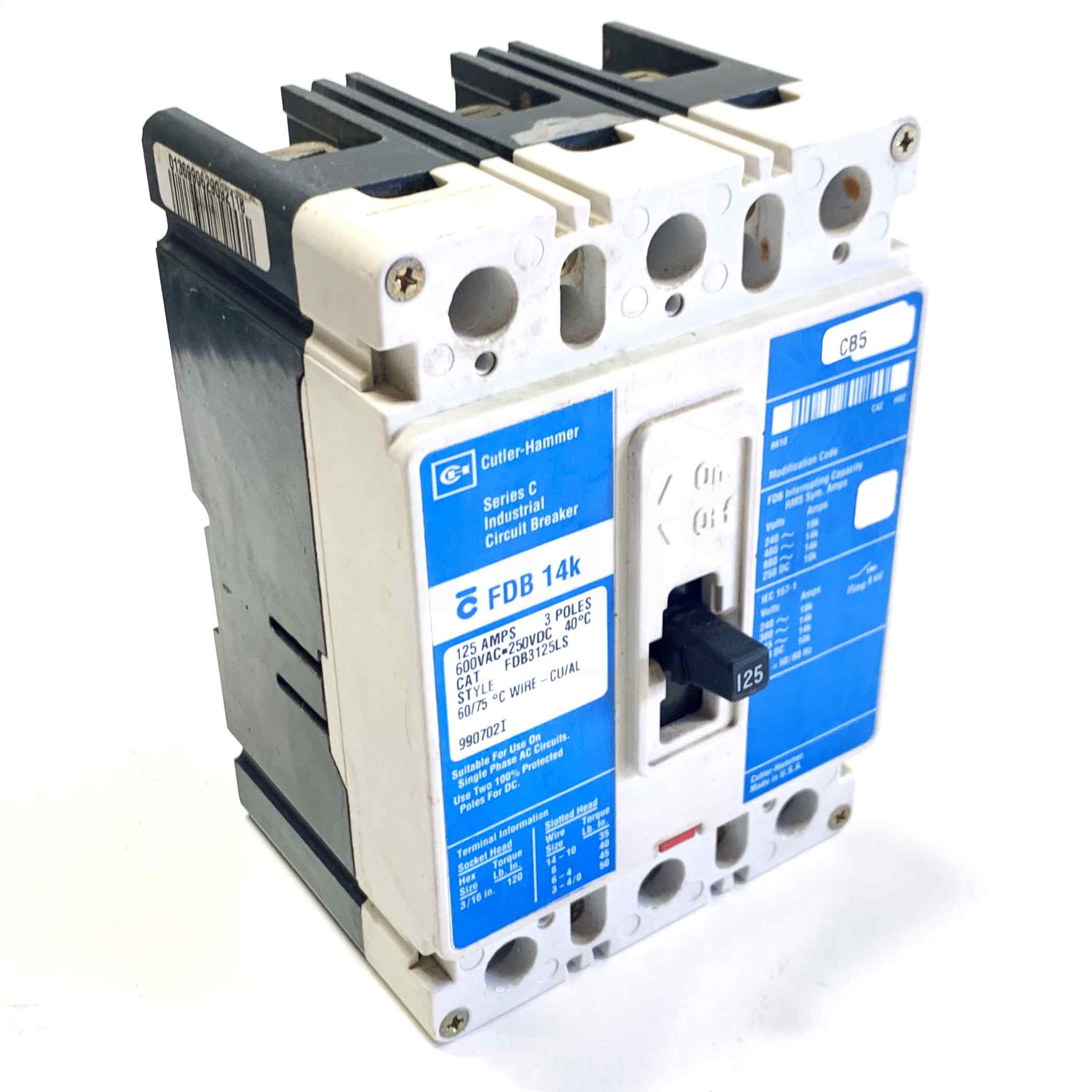 FDB3125LS Cutler-Hammer Industrial Circuit Breaker, 125A, 3-Pole, 600VAC~250VDC - 0