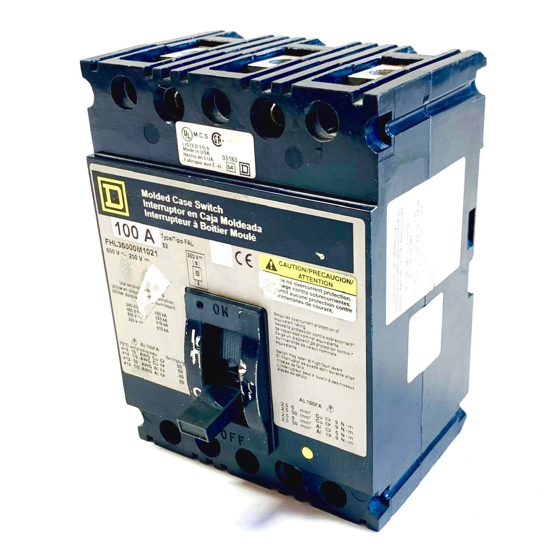 FHL3600M1021 Square D Molded Case Circuit Breaker, 100A, 600V~250V