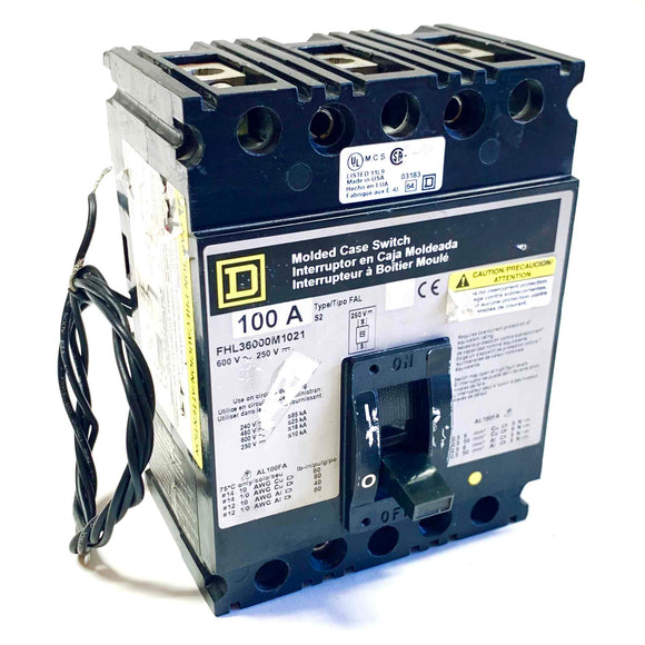FHL3600M1021 Square D Molded Case Circuit Breaker, 100A, 600V~250V