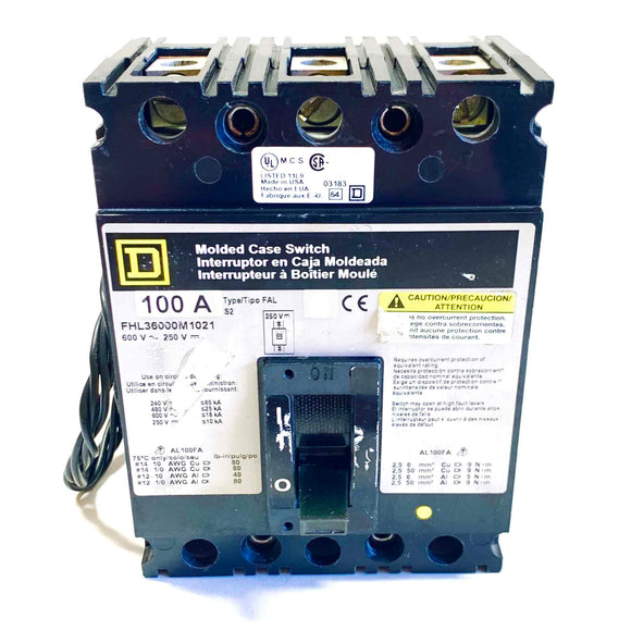 FHL3600M1021 Square D Molded Case Circuit Breaker, 100A, 600V~250V