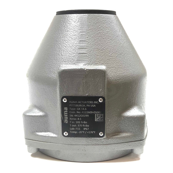 GK 14.6 Auma Actuators Inc. Ratio: 4:1, T in: 102 ft-lbs, T out: 370 ft-lbs,