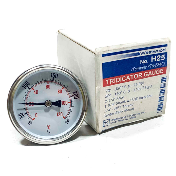 H25-90 Westwood Dial Thermometer, 1/2" NPT Thread, 2 1/2" Face