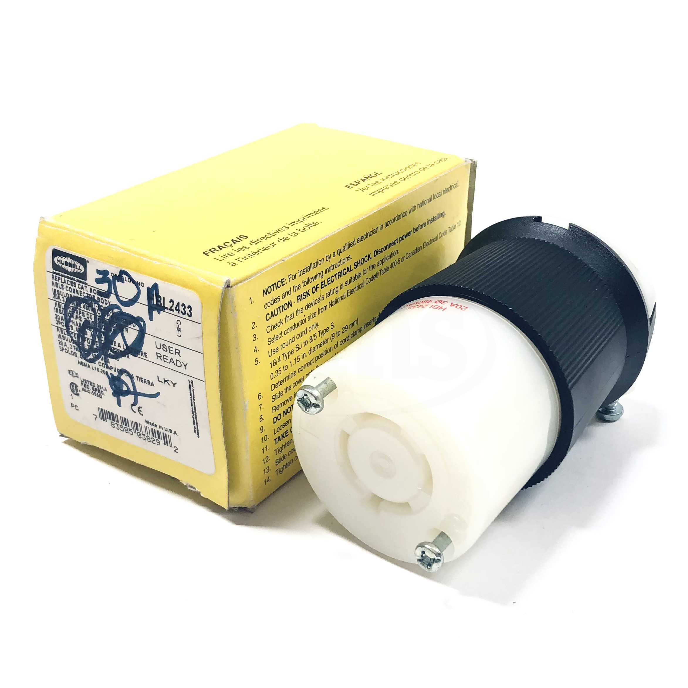 HBL2433 Hubbell Locking Connector, 3-Pole, 20 Amp, 480V, 3-Phase