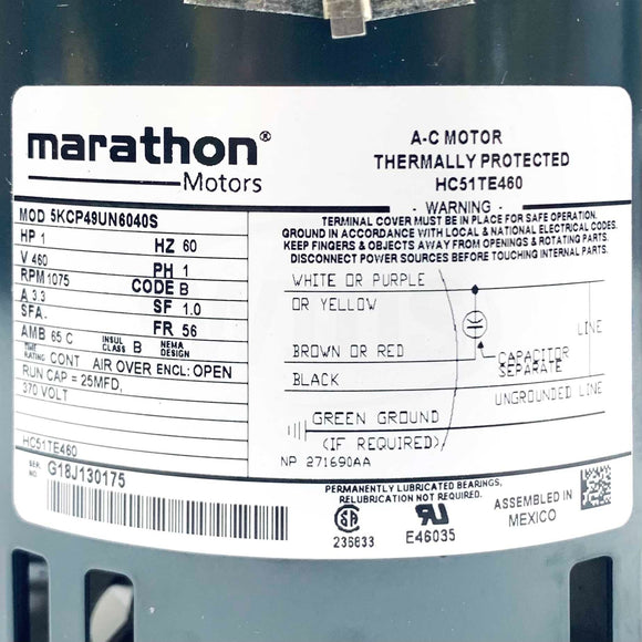 HC51TE460 Marathon 1HP AC Motor, 1075RPM, 460V, 1Ph, 56 Frame, 5KCP49UN6040S