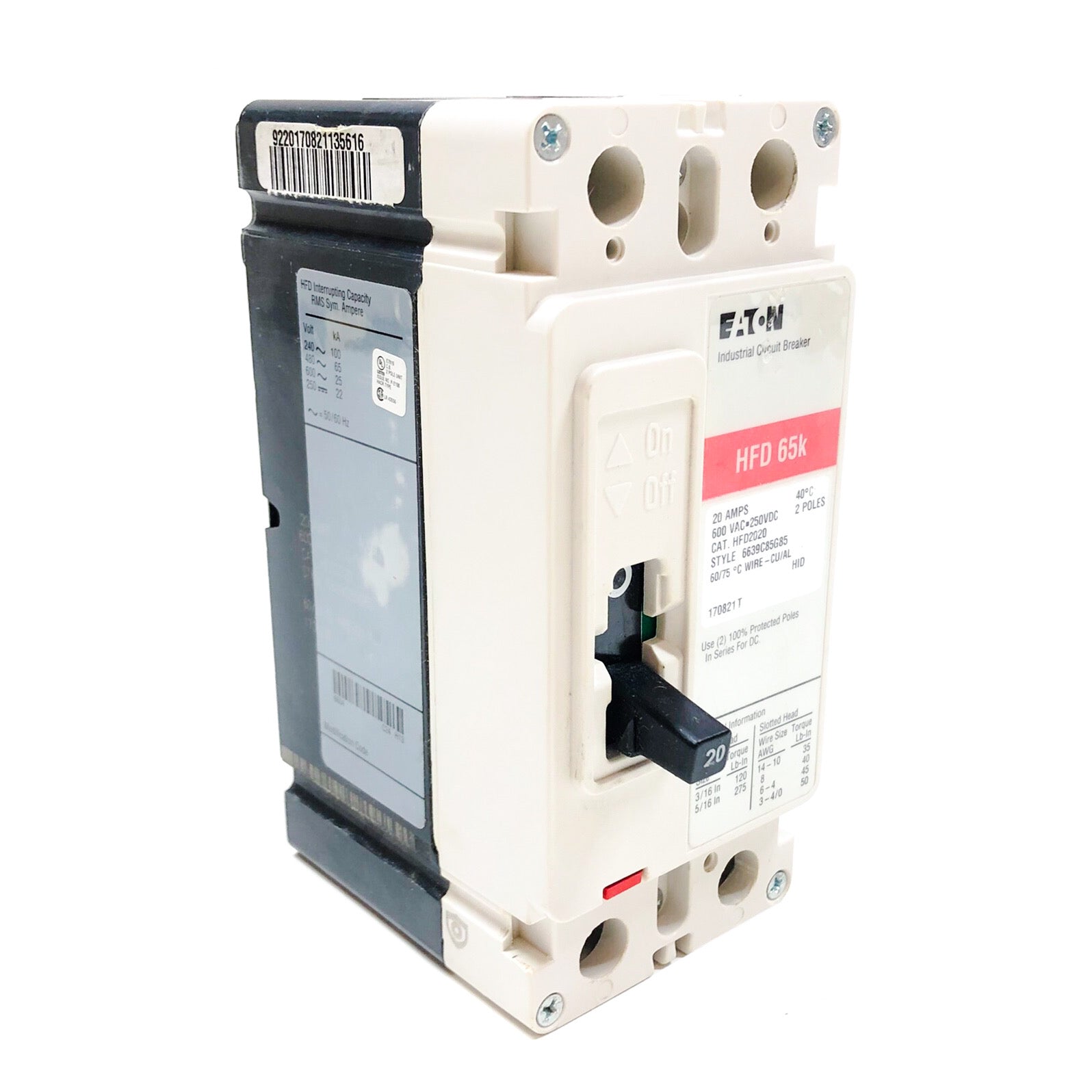 HFD2020 Cutler-Hammer Circuit Breaker, 2 Pole, 20 Amp, 600VAC