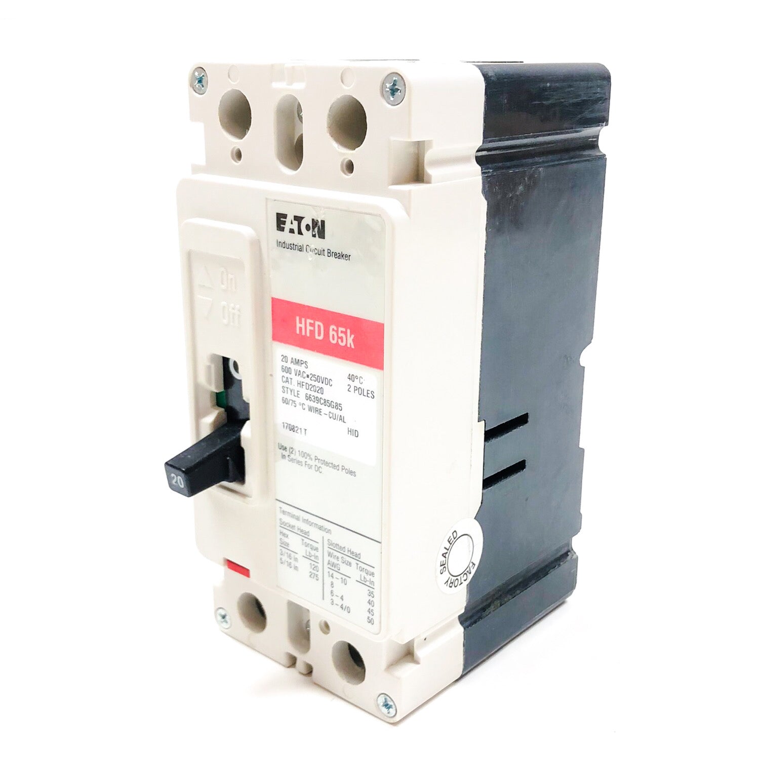 HFD2020 Cutler-Hammer Circuit Breaker, 2 Pole, 20 Amp, 600VAC - 0