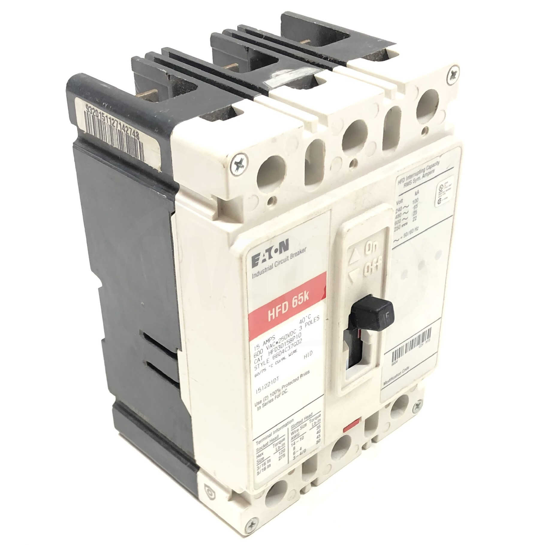 HFD3015BP10 Eaton Circuit Breaker 15Amp, 600Vac, 250Vdc, 3Pole