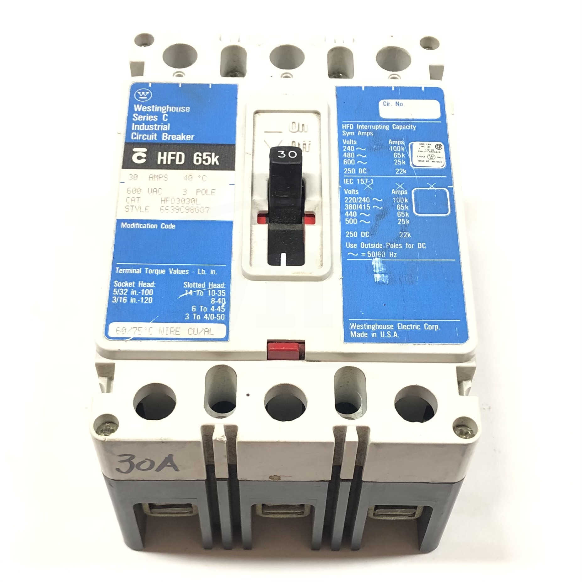 HFD3030L Westinghouse Circuit Breaker 3 Poles, 30 Amps, 600V