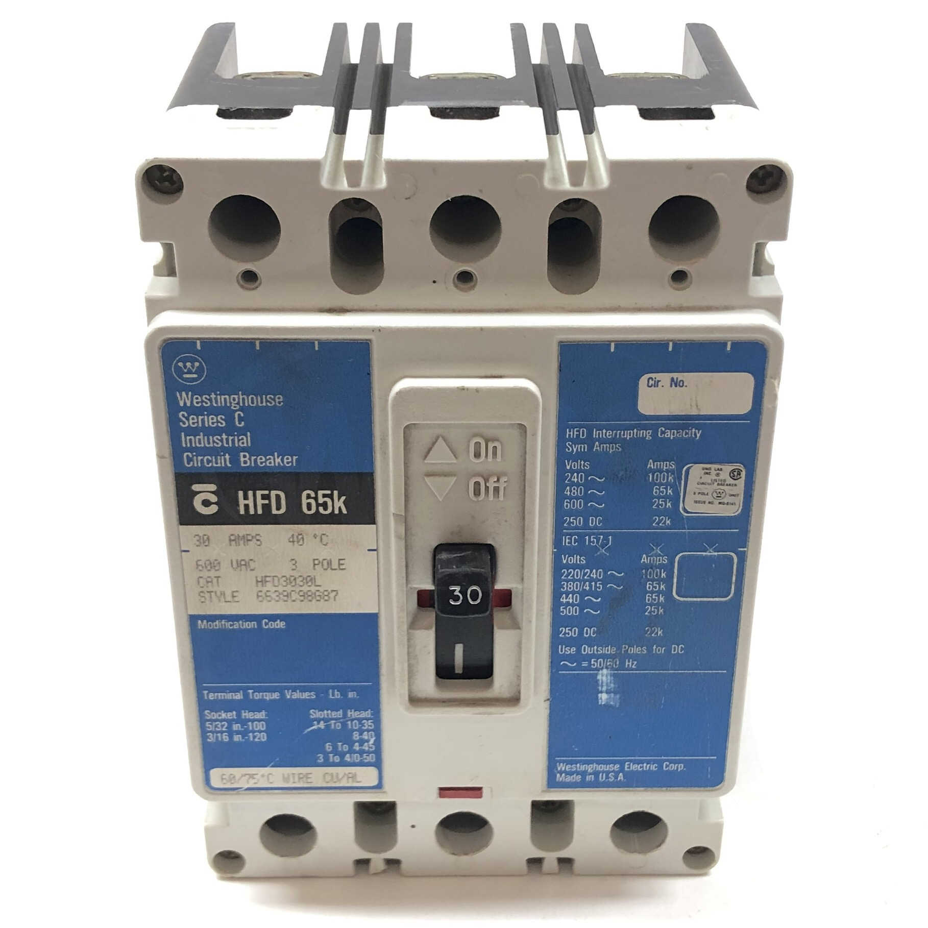 HFD3030L Westinghouse Circuit Breaker 3 Poles, 30 Amps, 600V