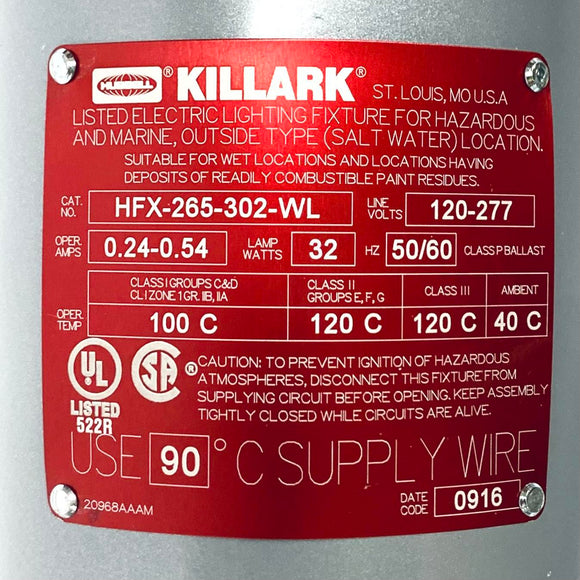 HFX-265-302-WL Killark HFX Series Fluorescent Fixture