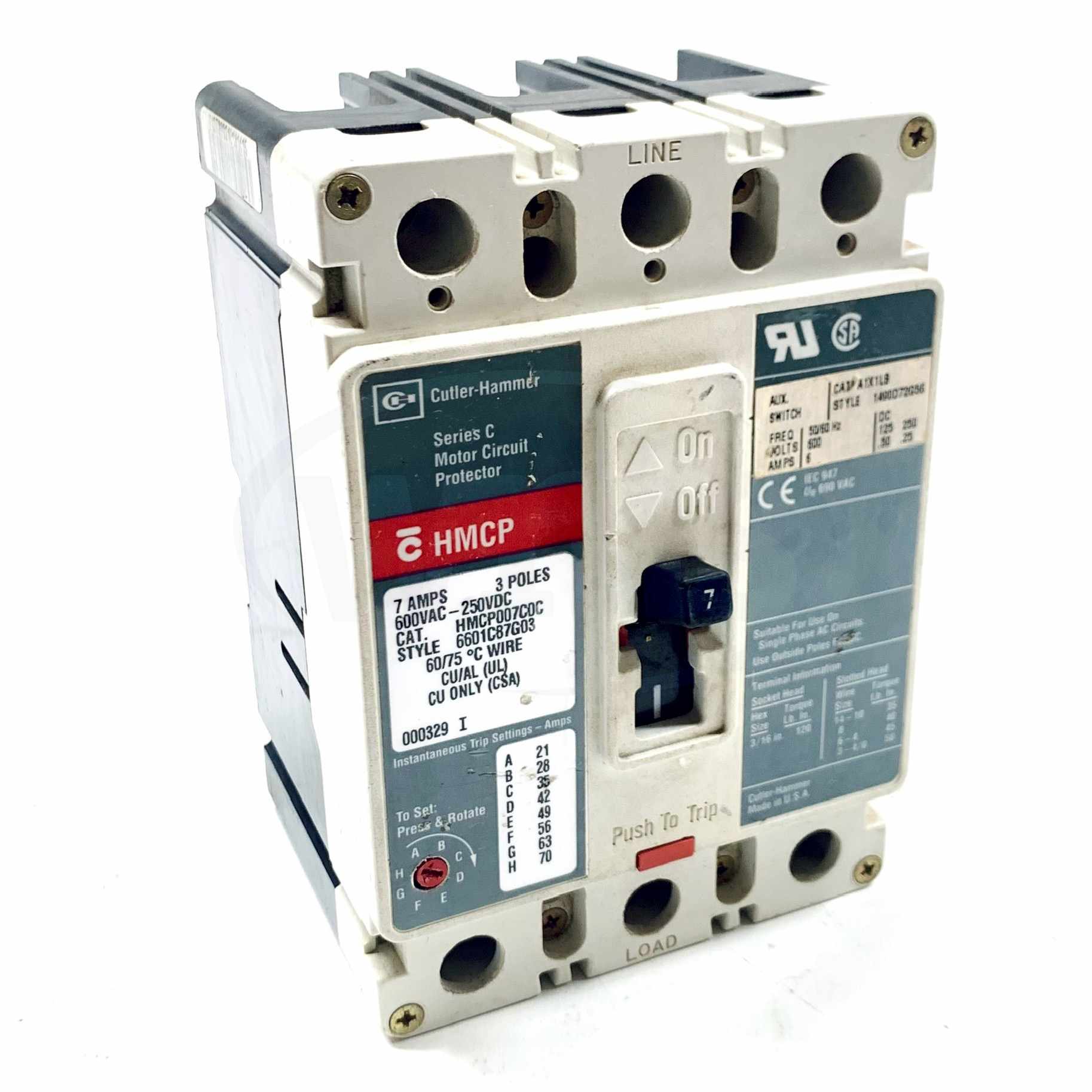 HMCP007C0C Westinghouse Circuit Breaker, 7 Amp, 600V, 3-Pole