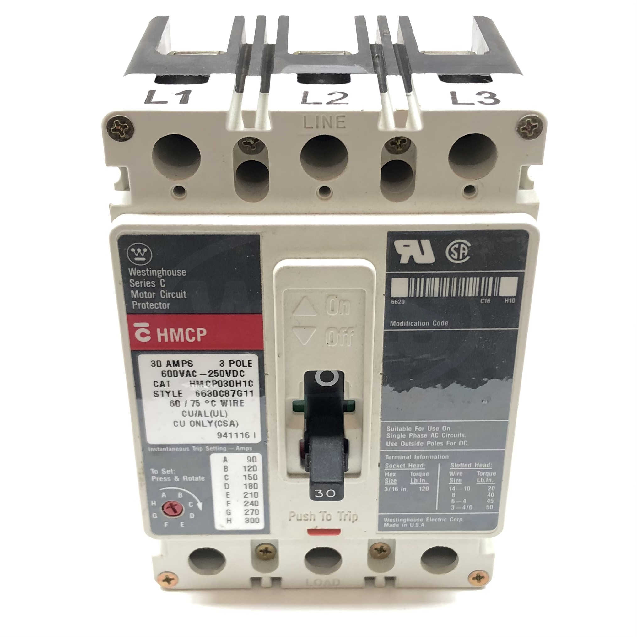HMCP030H1C Westinghouse 30 AMP, 3Pole 600VAC, 250VDC