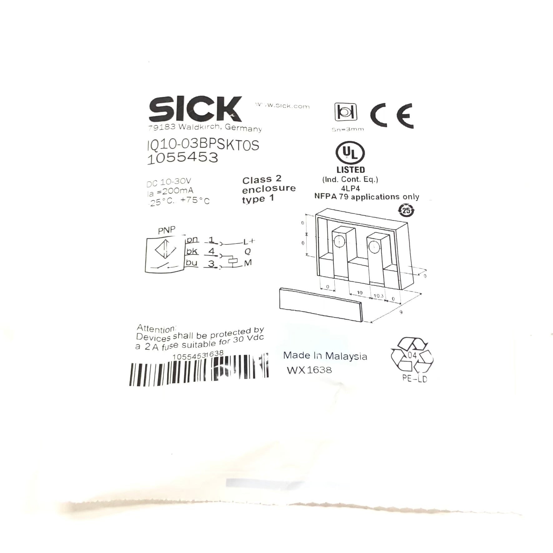IQ10-03BPSKT0S Sick Inductive Proximity Sensor, DC 10-30V, 200mA