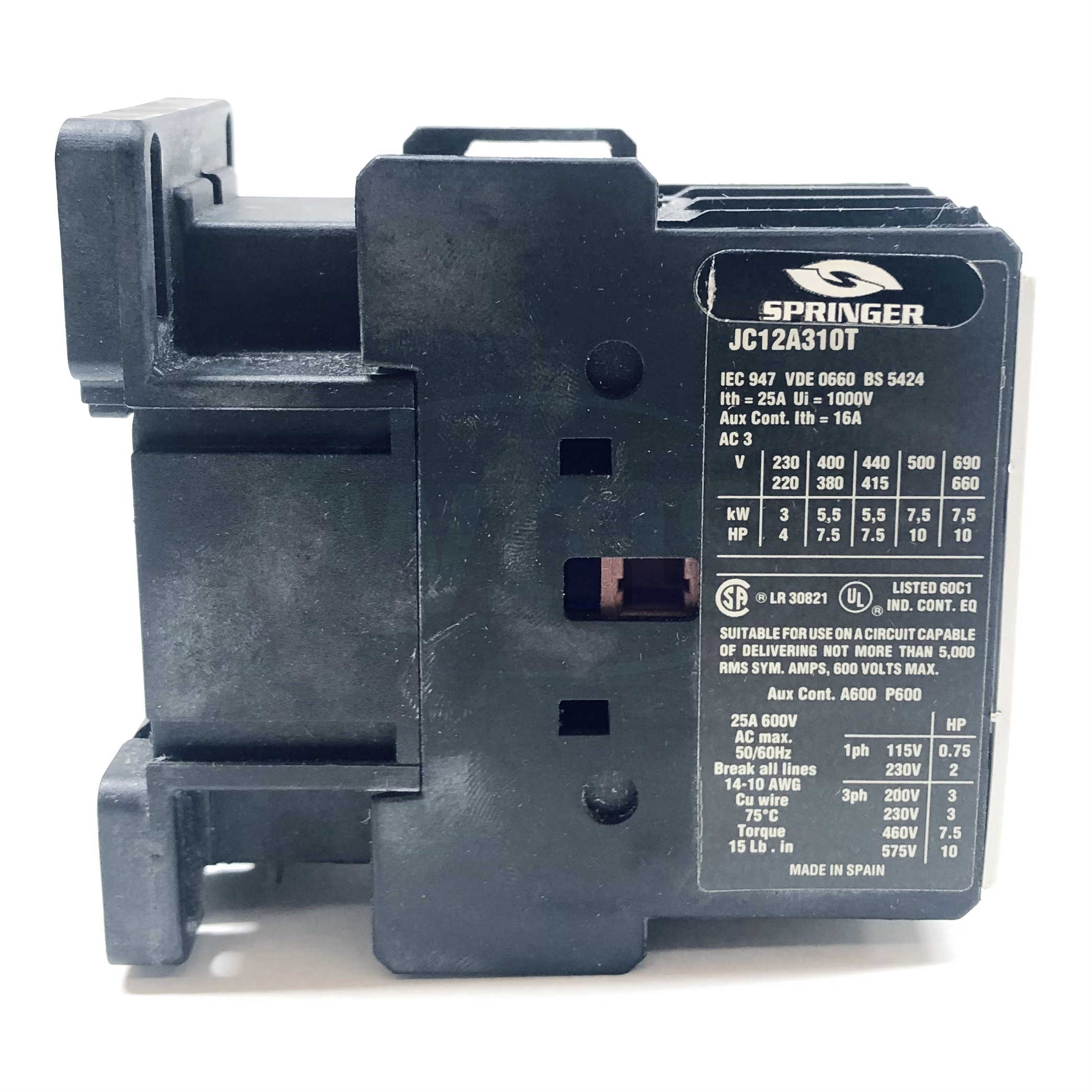 JC12A310T Springer 3-Pole Contactor, 25A, 110/120VAC, 50/60Hz, 600VAC Max.