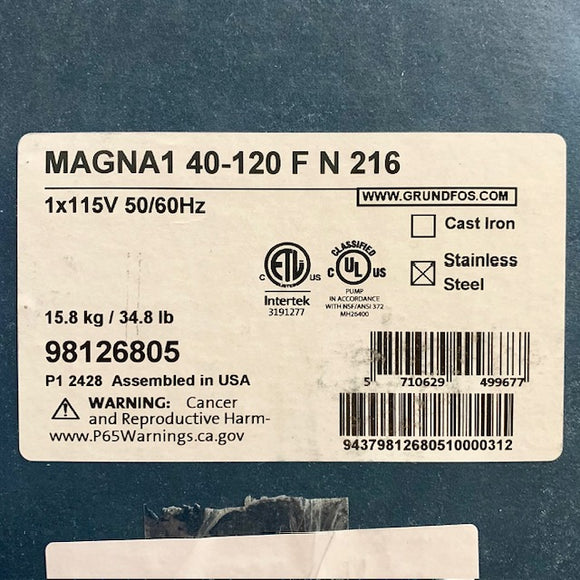 98126805 Grundfos MAGNA1 40-120 GF N 1/2HP, 115V Stainless Steel Circulator Pump