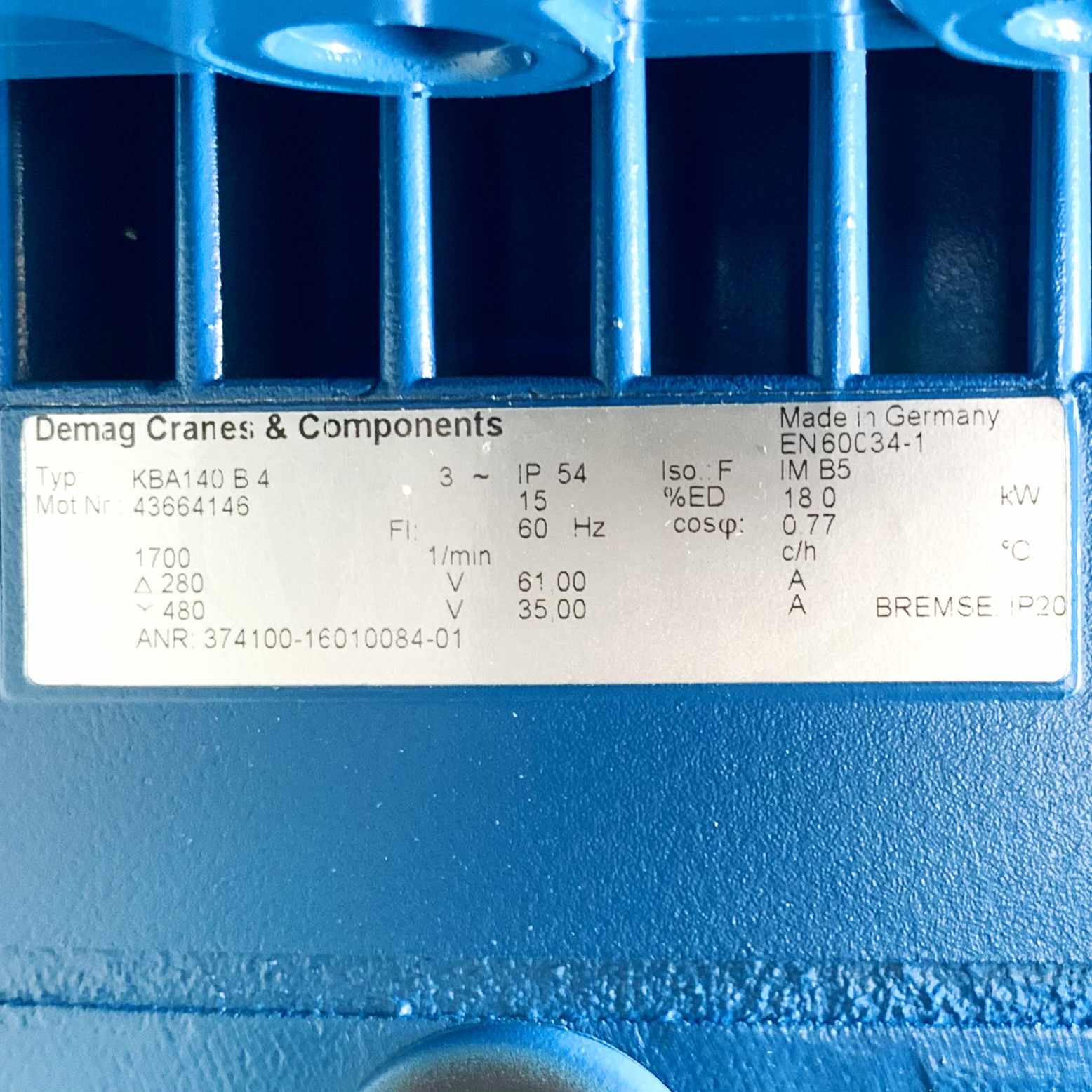 KBA140B4 Demag Crane Motor w/ KBA71B4, FG08 0EL: 2,0 L