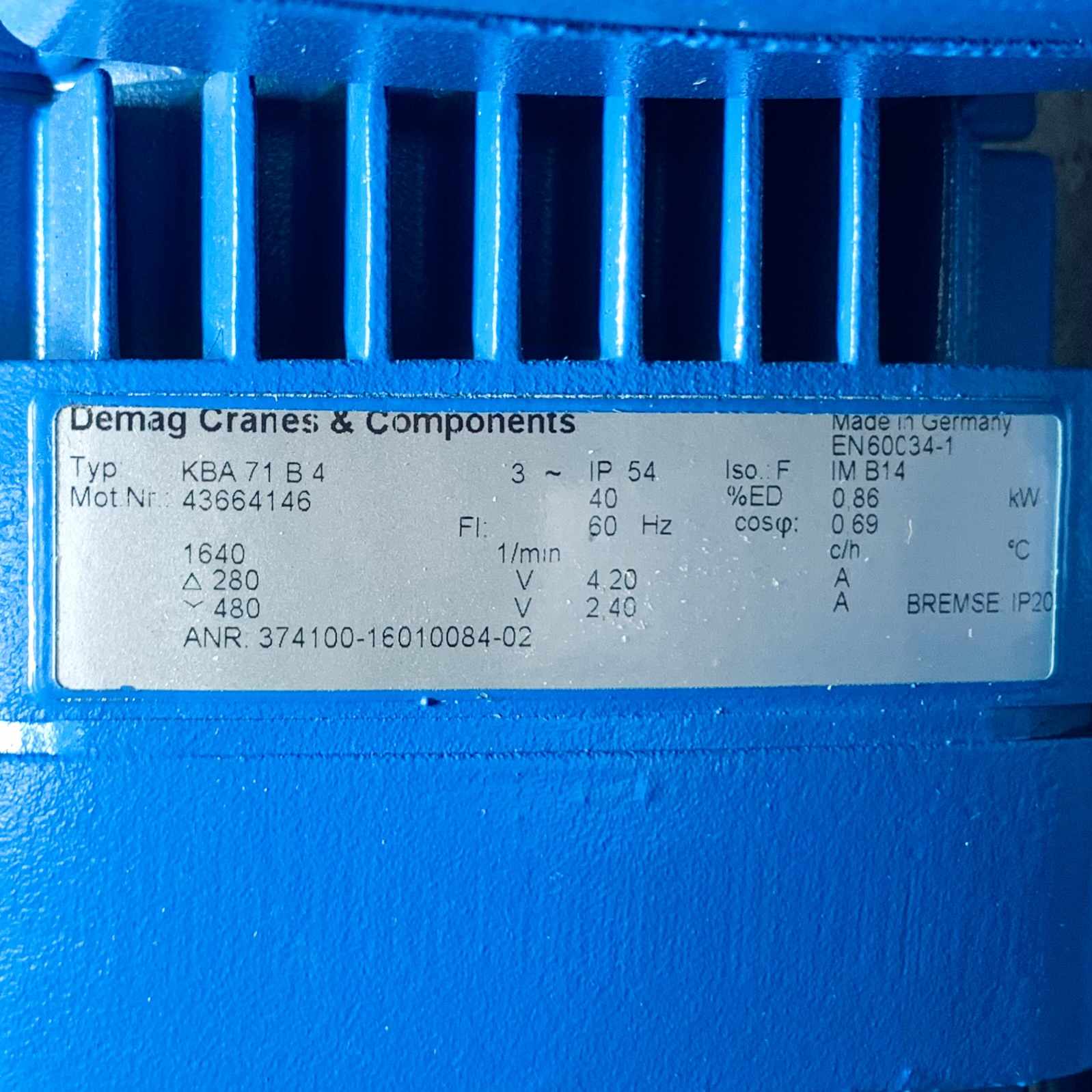 KBA140B4 Demag Crane Motor w/ KBA71B4, FG08 0EL: 2,0 L
