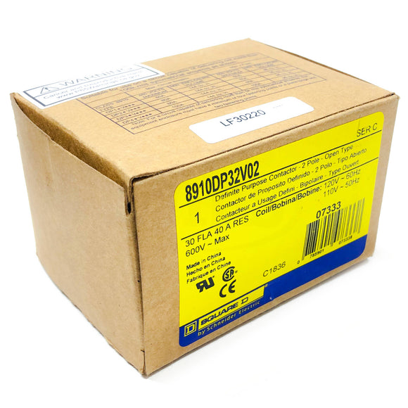 8910DP32V02 Square D Definite Purpose Contactor, 2 Pole, 30 FLA