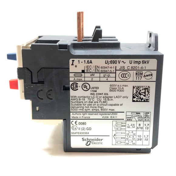 LRD06 Telemecanique Thermal Overload Relay, 3-Pole, 1-1.6Amps, 50/60Hz