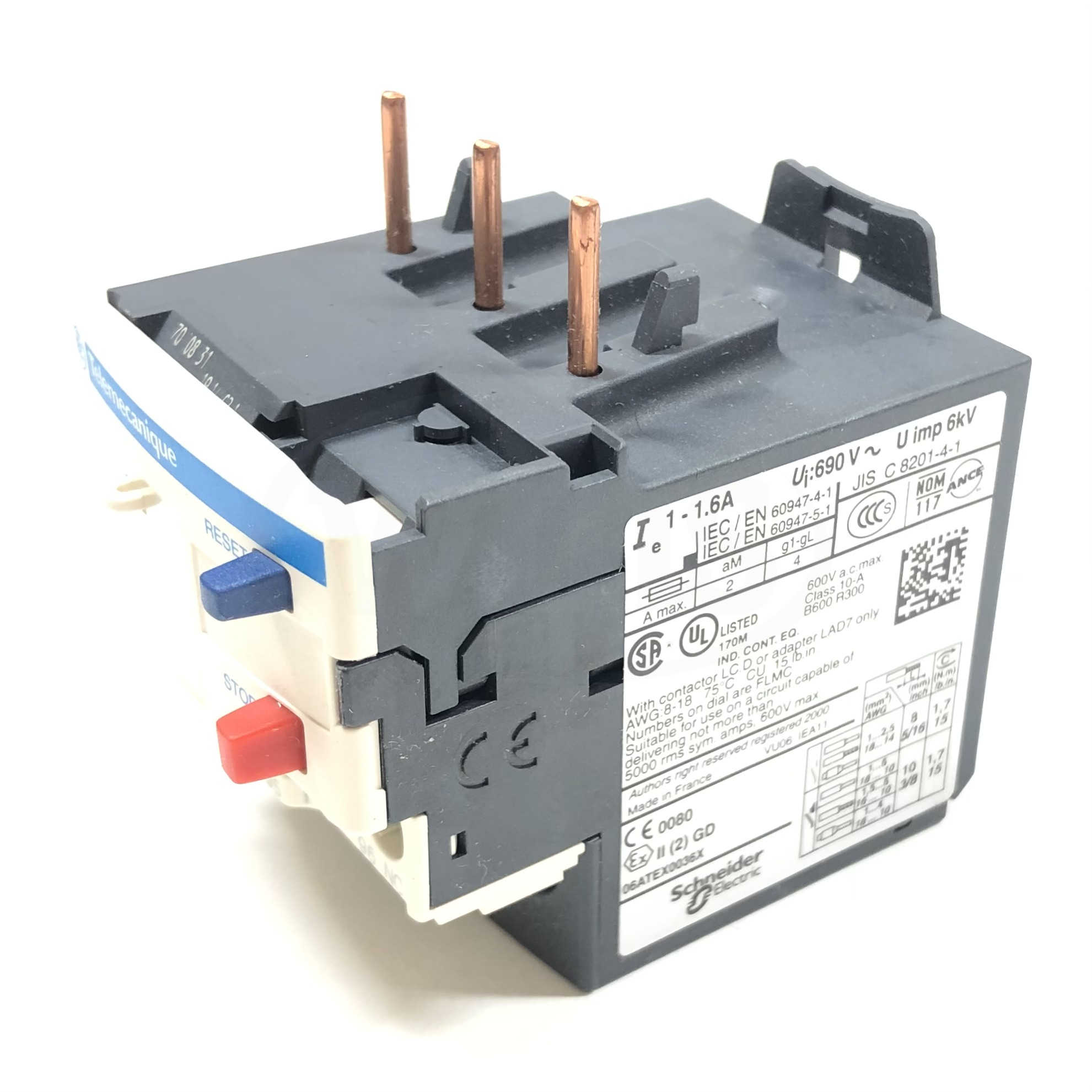 LRD06 Telemecanique Thermal Overload Relay, 3-Pole, 1-1.6Amps, 50/60Hz