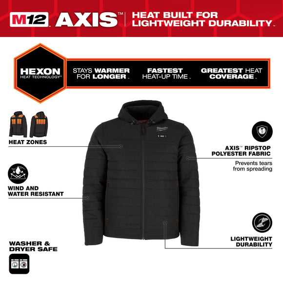 M102B-21M Milwaukee M12 Heated AXIS Hooded Jacket Kit, Black, Medium