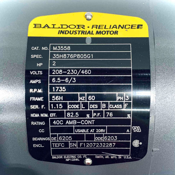 M3558 Baldor Reliance 2HP Industrial Motor, 208-230/460V, 1735RPM, 3Ph, 56H
