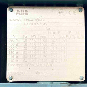 M3AA160M4 ABB 11/15.5kW Electric Motor, 3Ph, 50/60Hz, 1460-1745 Rpm, - 0