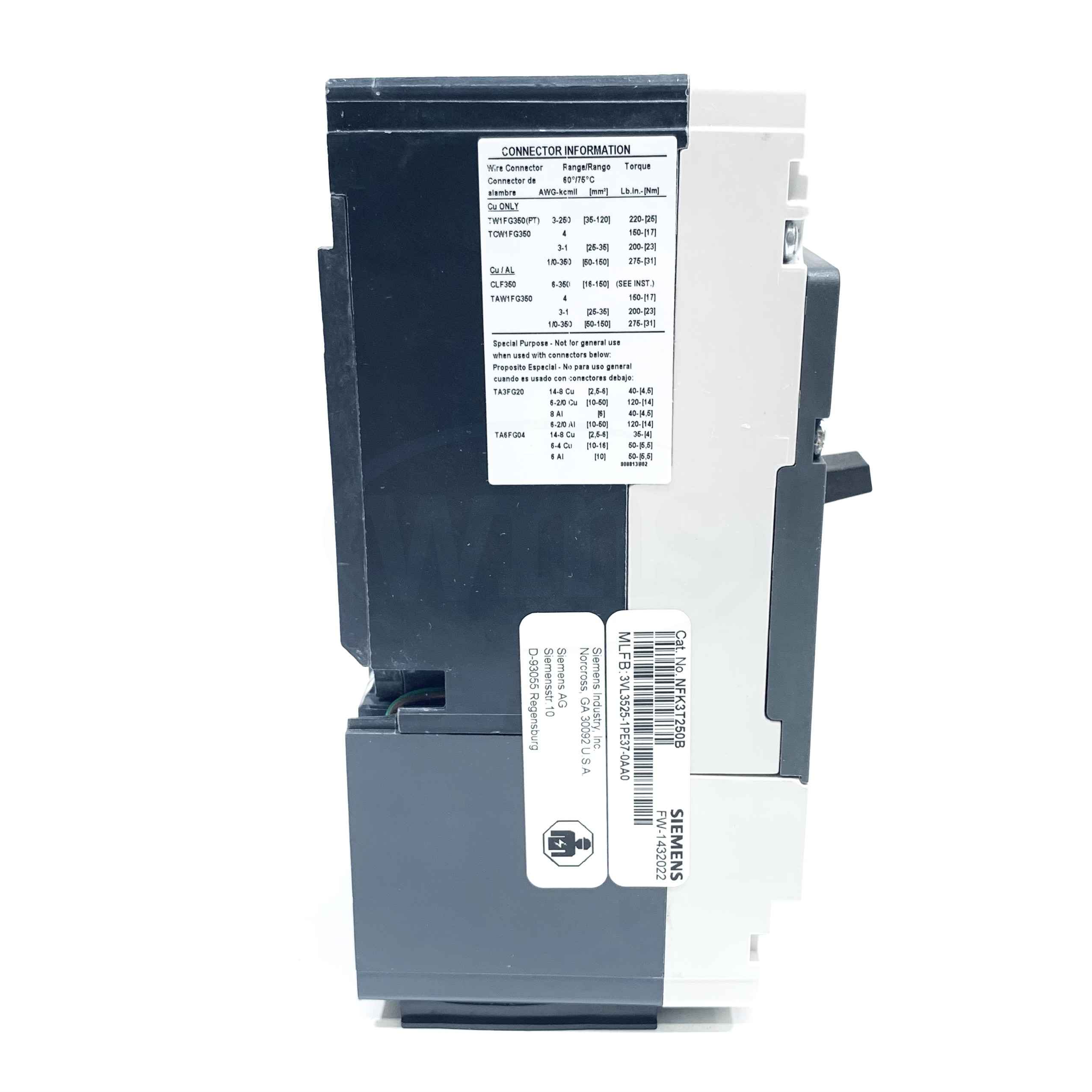 NFK3T250B Siemens VL Circuit Breaker, Class N, 250A, 3-Pole, 35kA@480V-50/60Hz