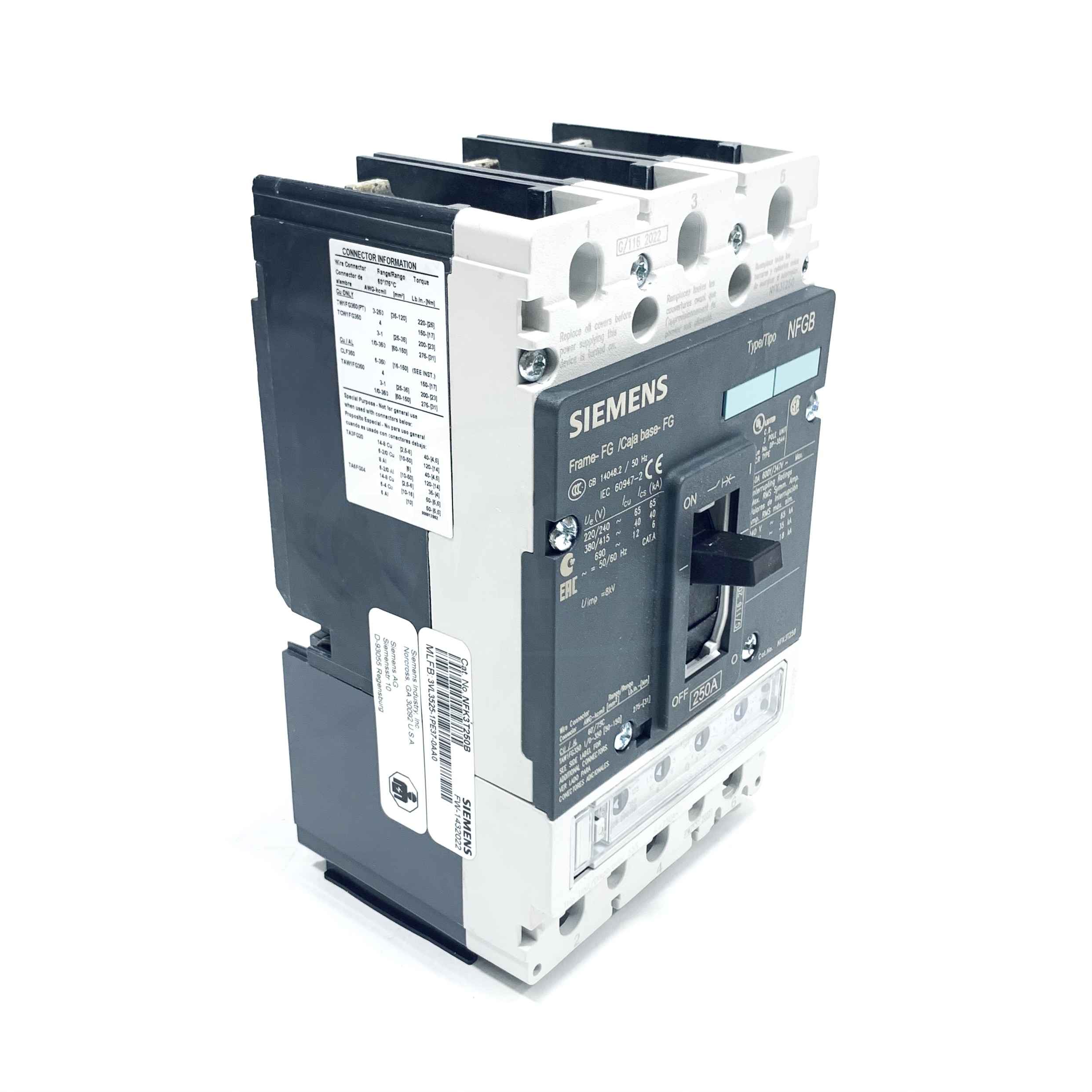 NFK3T250B Siemens VL Circuit Breaker, Class N, 250A, 3-Pole, 35kA@480V-50/60Hz