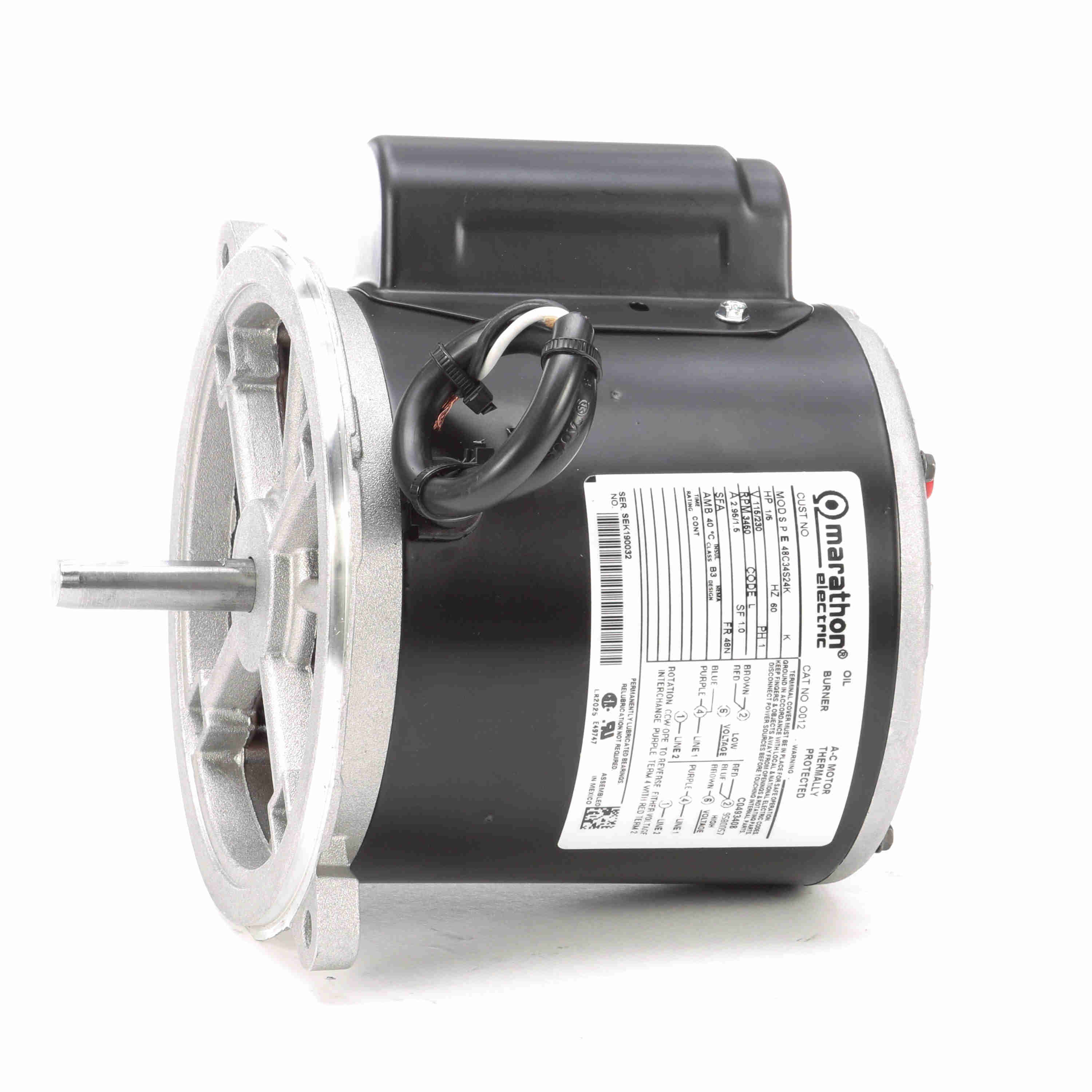 O012 Marathon 1/5HP Oil Burner Electric Motor, 3450RPM