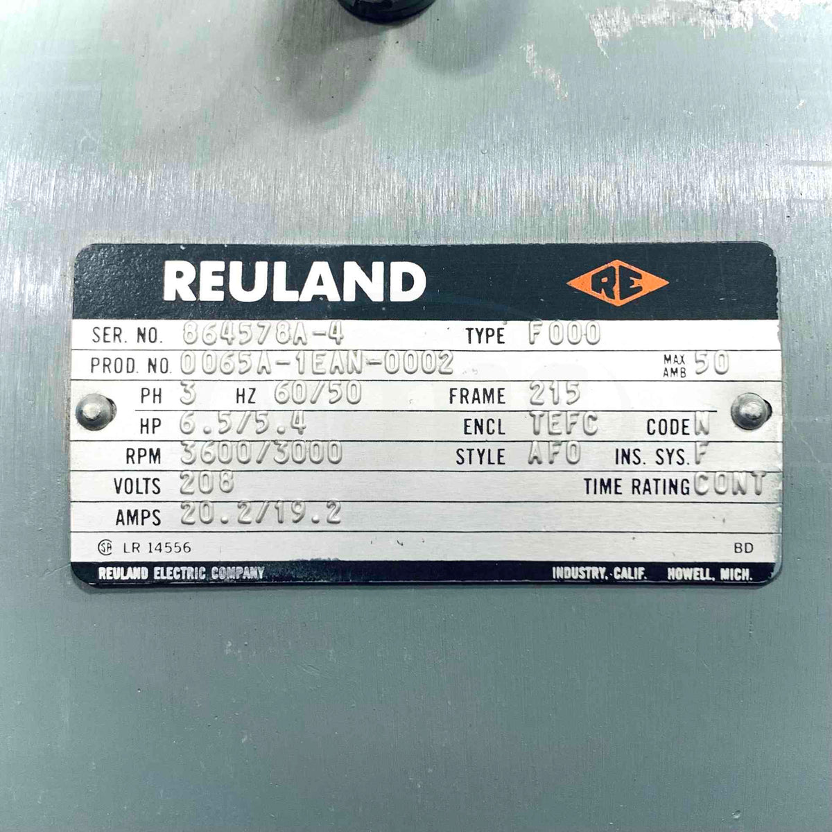 0065A-1EAN-0002 Reuland 6.5/5.4HP Motor, 3Ph, 50/60Hz, 3600/3000RPM, 2 ...