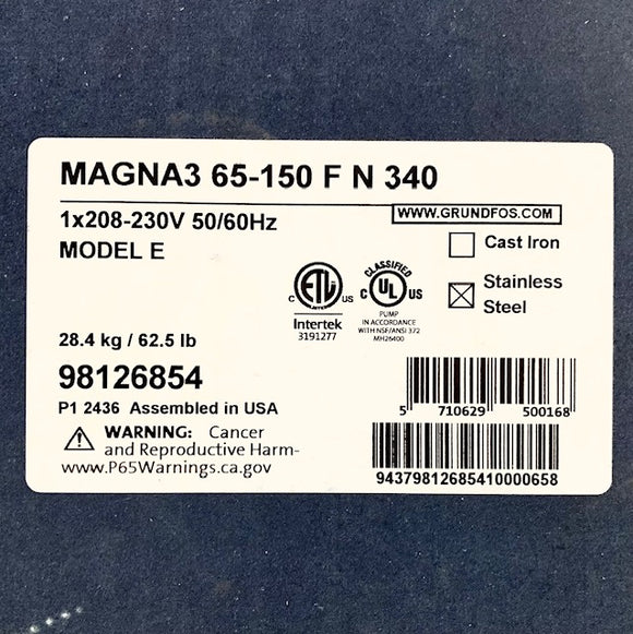98126854 Grundfos MAGNA3 1.5HP, 208–230V Stainless Steel Circulator Pump